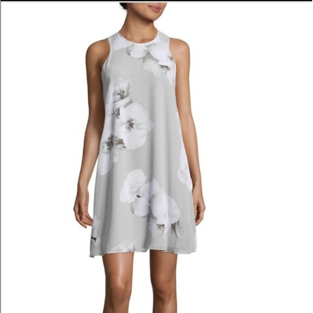 Calvin Klein Womens Floral Chiffon A-Line Sleeveless Shift Dress Grey White 12 L